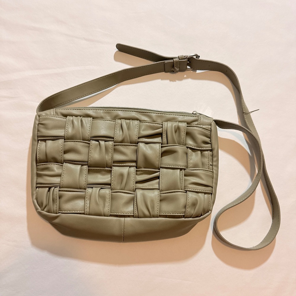 Ecostitch Crossbody Bag Womens Small Sage Green Ruched Woven Vegan Leather